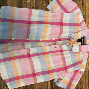 Nordstrom Linen Colorful Plaid Button-Up Shirt